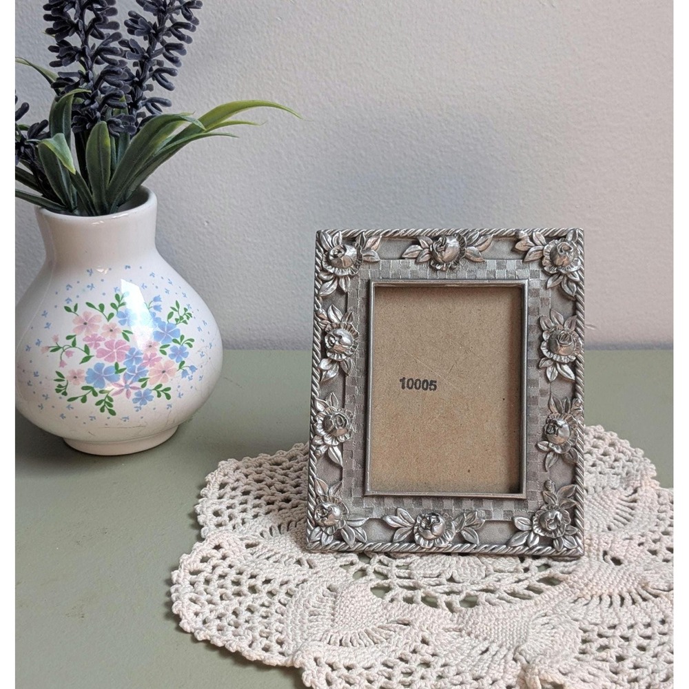 Vintage Silver Tone Rose Picture Frame Small Floral Photo Frame Romantic Decor